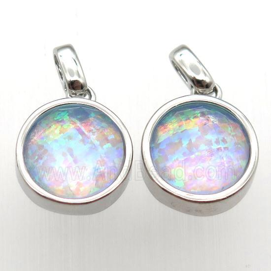Fire Opal circle pendant, synthetic, platinum plated