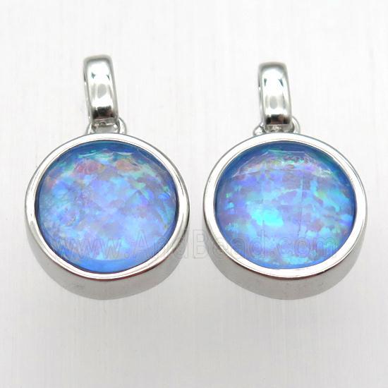 blue Fire Opal circle pendant, synthetic, platinum plated