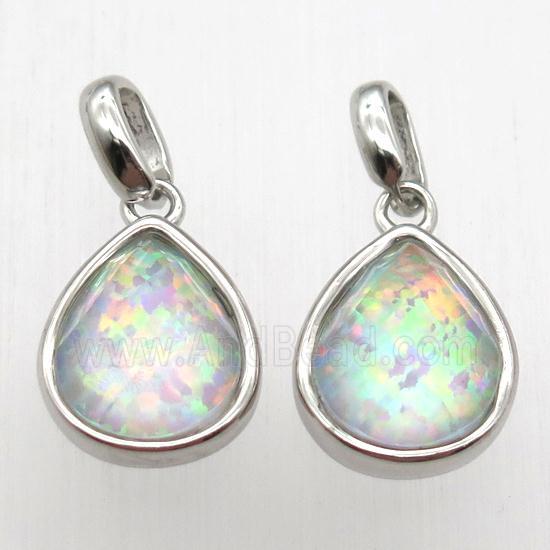 rainbow Fire Opal teardrop pendant, synthetic, platinum plated