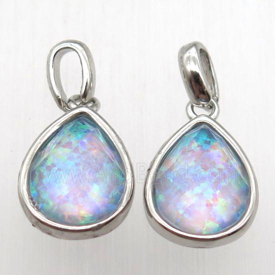 Fire Opal teardrop pendant, synthetic, platinum plated