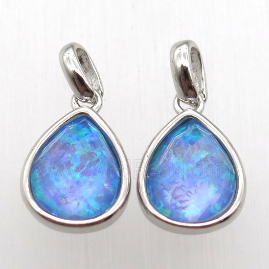 blue Fire Opal teardrop pendant, synthetic, platinum plated