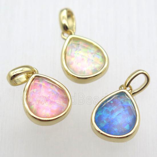 mixed color Fire Opal teardrop pendant, synthetic, gold plated