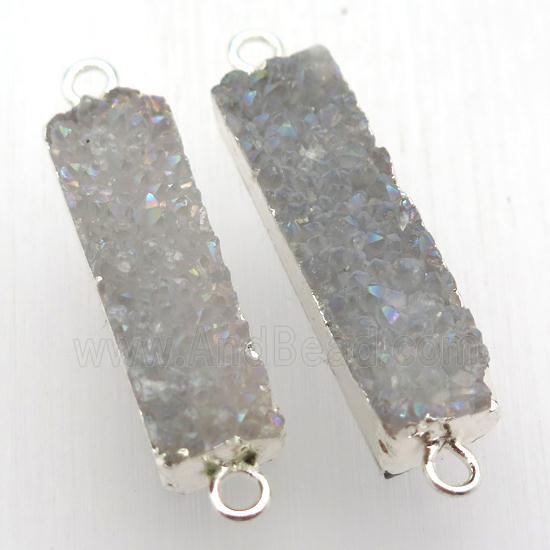druzy quartz connector, rectangle, AB color, silver plated