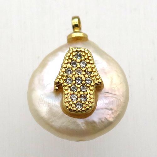 Natural pearl pendant with zircon, hamsahand