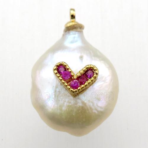Natural pearl pendant with zircon, heart