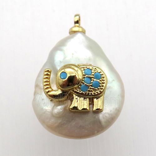 Natural pearl pendant with zircon, elephant