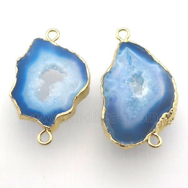 blue druzy agate connector, freeform, gold plated