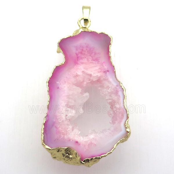 pink druzy agate pendant, freeform, gold plated