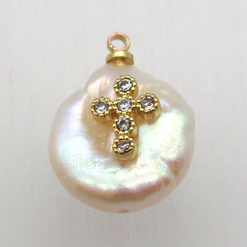 Natural pearl pendant with zircon, cross
