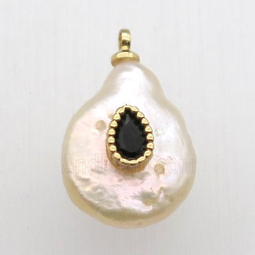 Natural pearl pendant with zircon, teardrop