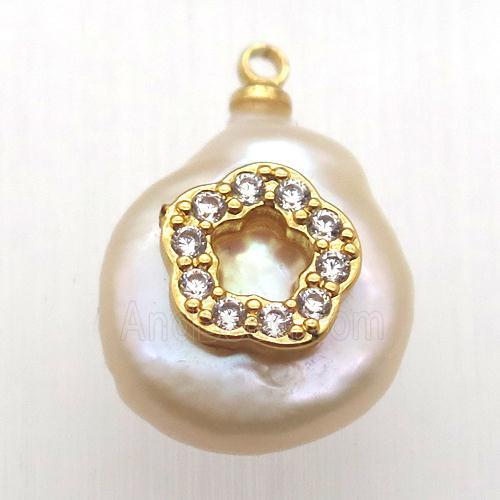 Natural pearl pendant with zircon, flower