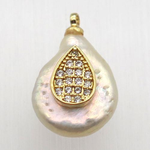 Natural pearl pendant with zircon, teardrop
