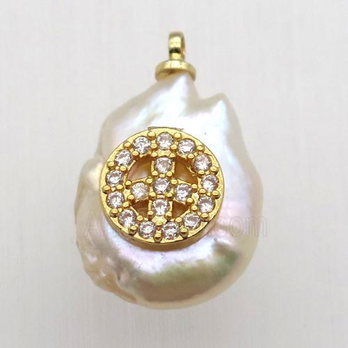 Natural pearl pendant with zircon, peace sign