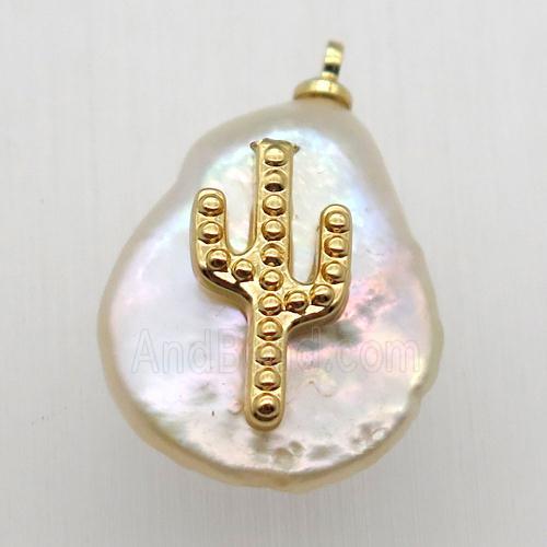 Natural pearl pendant with zircon, cacutus