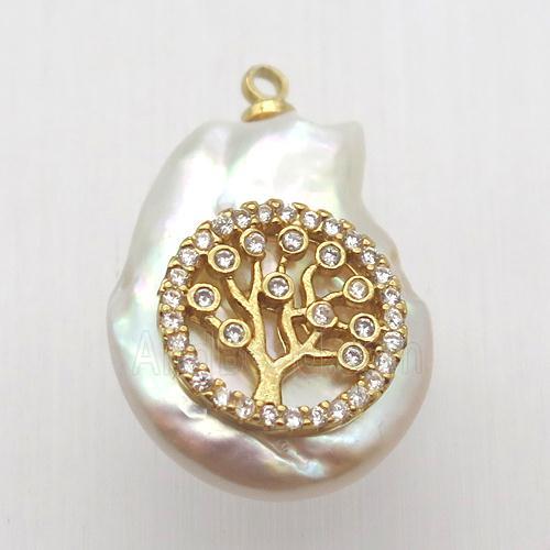 Natural pearl pendant with zircon, tree of life