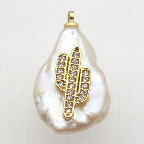 Natural pearl pendant with zircon, cacutus