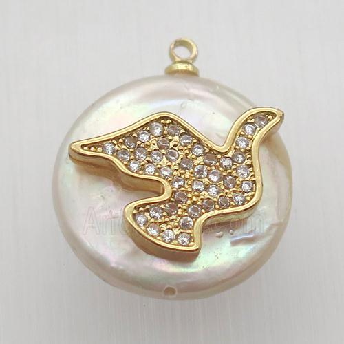 Natural pearl pendant with zircon, bird