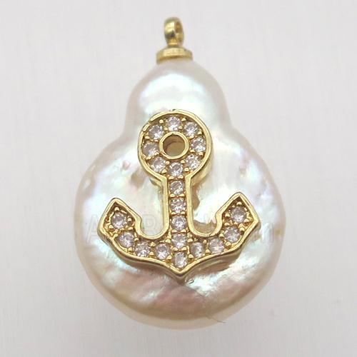 Natural pearl pendant with zircon, anchor