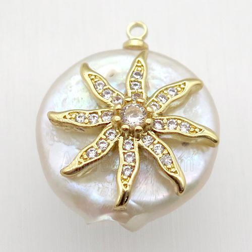 Natural pearl pendant with zircon, flower