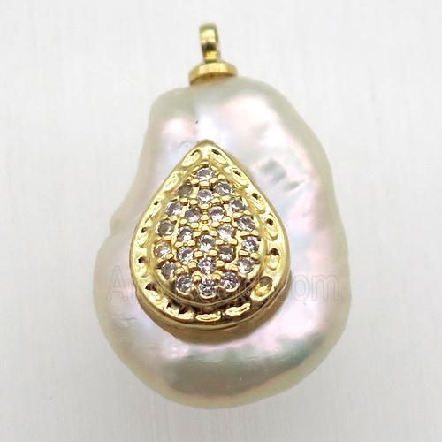 Natural pearl pendant with zircon, teardrop