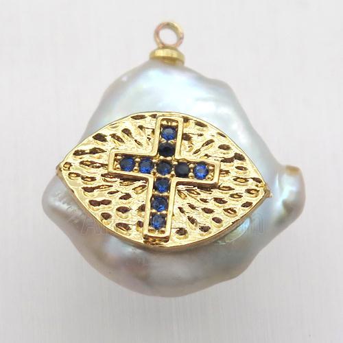 Natural pearl pendant with zircon, cross