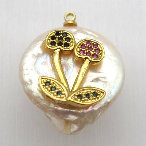 Natural pearl pendant with zircon, strawberry