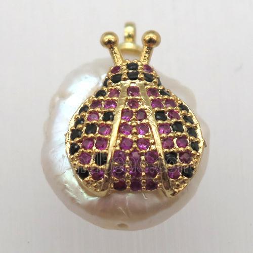 Natural pearl pendant with zircon, honeybee
