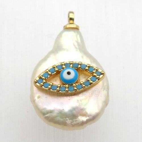 Natural pearl pendant with zircon, evil eye