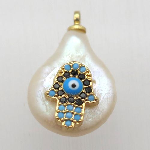 Natural pearl pendant with zircon, hamsahand