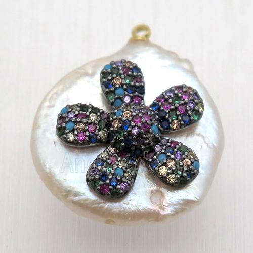 Natural pearl pendant with zircon, flower