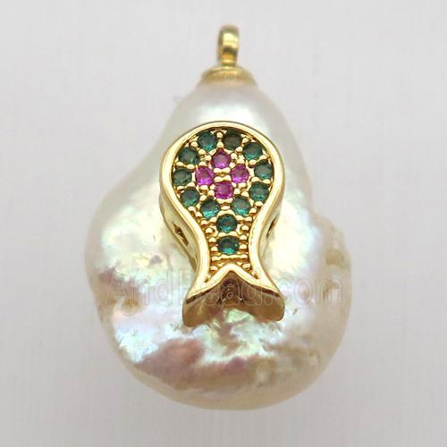 Natural pearl pendant with zircon, dolphin
