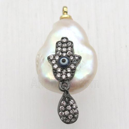 Natural pearl pendant with zircon, hamsahand