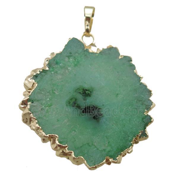 green Solar Quartz Druzy slab pendant, freeform, gold plated