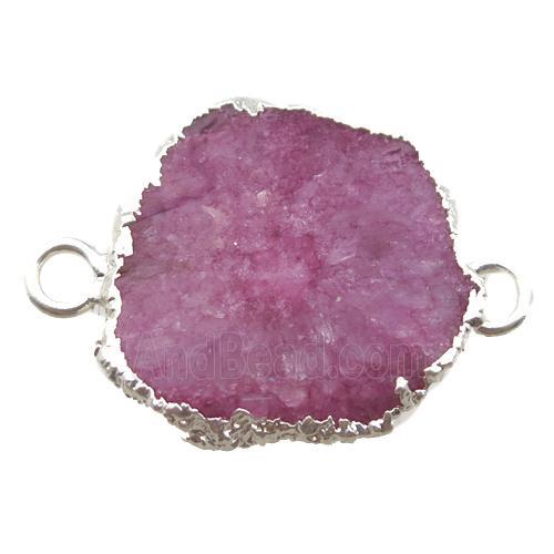 hotpink Solar Quartz Druzy slab connector, freeform, silver plated