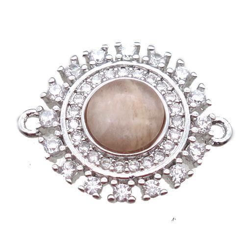 peach moonstone circle connector pave zircon, platinum plated