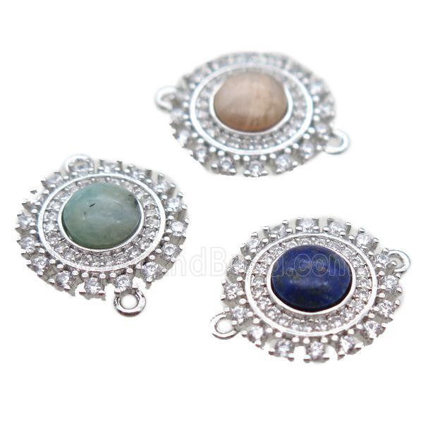 mixed gemstone circle connector pave zircon, platinum plated