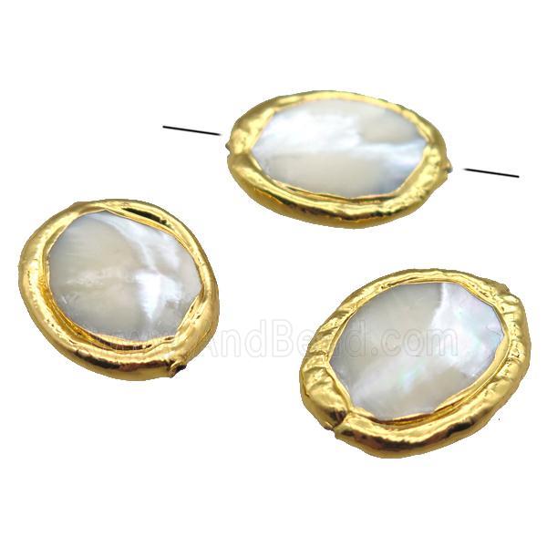 Mother of Pearl beads, oval, gold plated