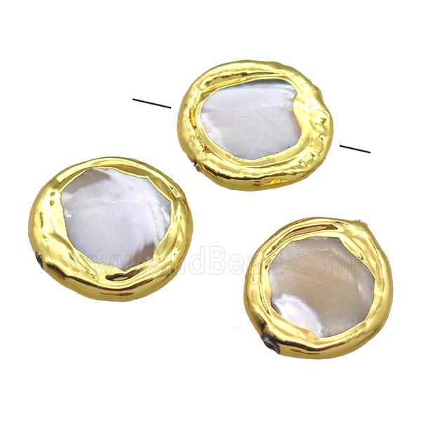 Mother of Pearl beads, circle, gold plated