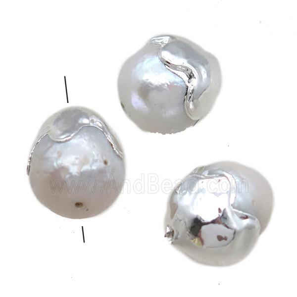 natural pearl beads, round, silver plated