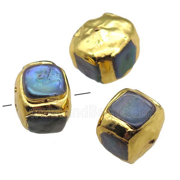 natural pearl beads, cube, gold plated