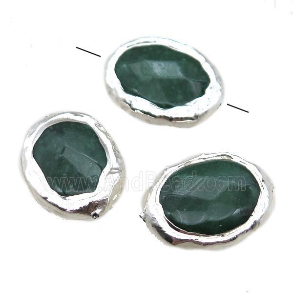 green jade oval beads, silver plated