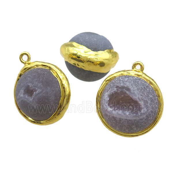 round gray Agate Druzy pendant, geode, gold plated