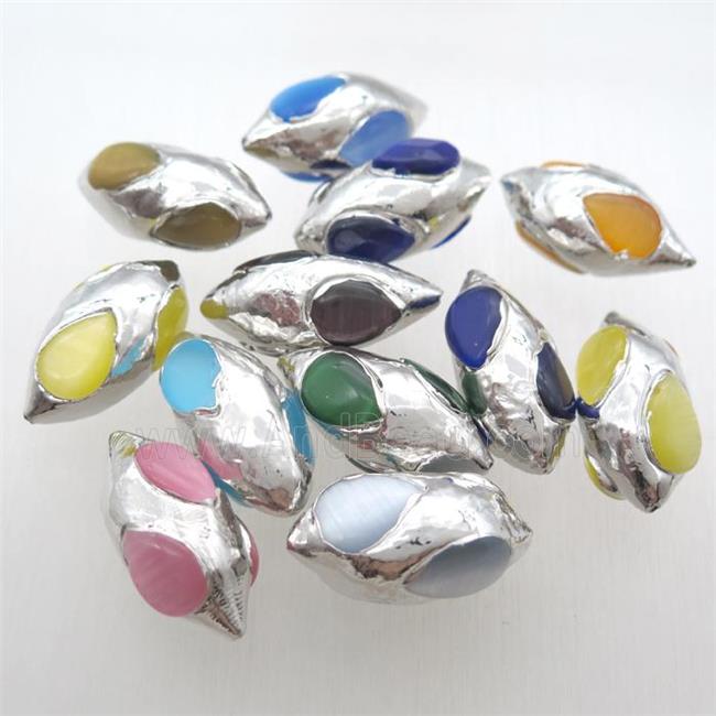 Cats eye stone rice beads, mixed, silver plated