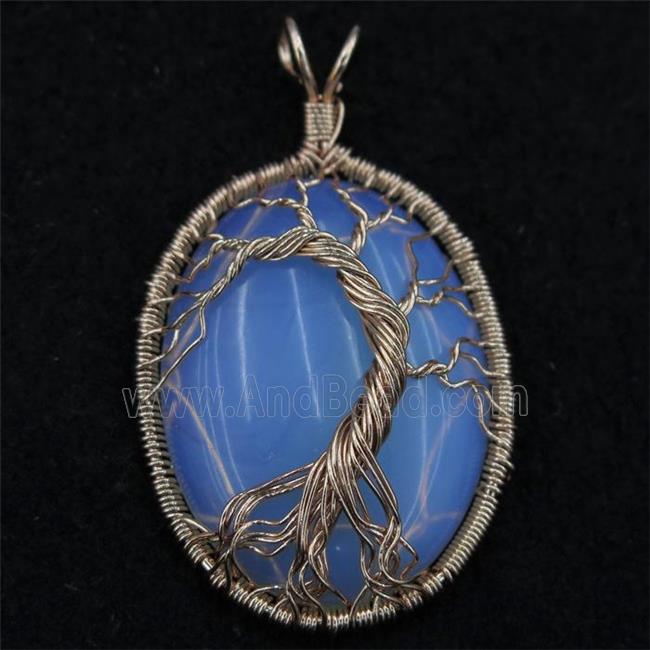 White Opalite Oval Pendant Tree Of Life Wire Wrapped Rose Gold