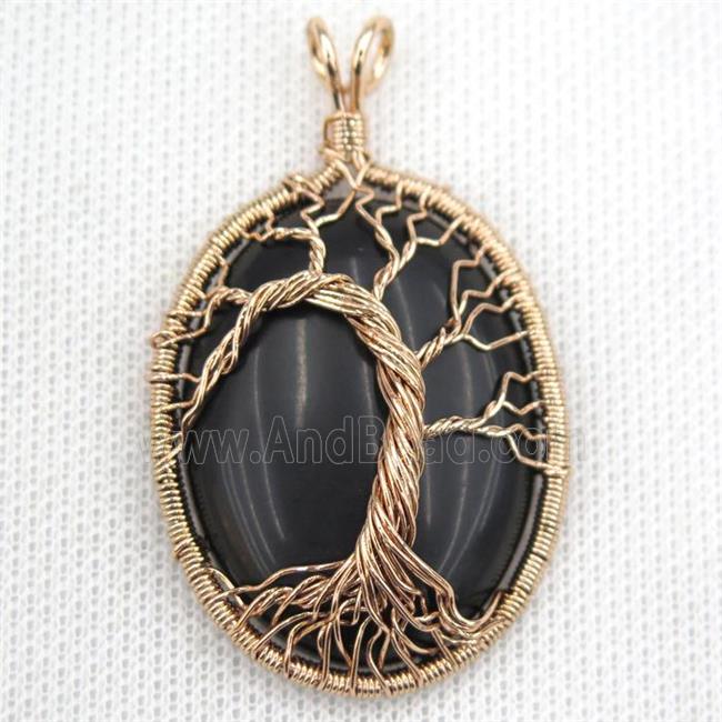 Black Onyx Oval Pendant Tree Of Life Wire Wrapped Rose Gold