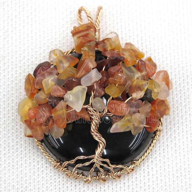 Black Onyx Coin Pendant With Carnelian Chips Tree Of Life Wire Wrapped Rose Gold