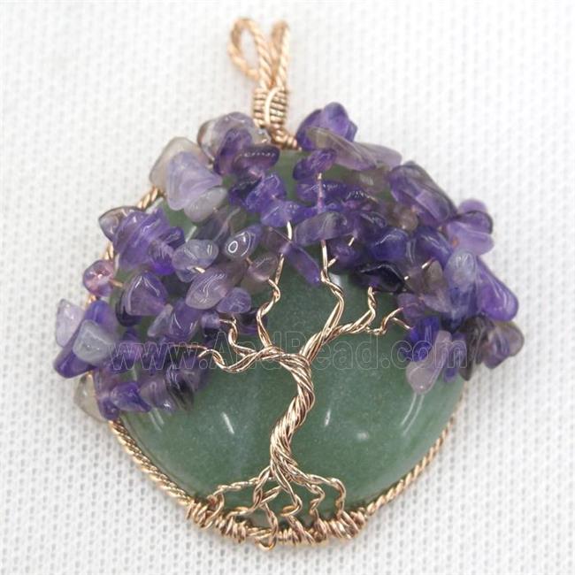 Green Aventurine Coin Pendant With Amethyst Chips Tree Of Life Wire Wrapped Rose Gold