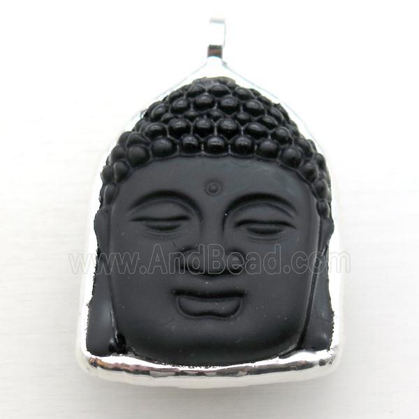 black Obsidian buddha pendant, silver plated