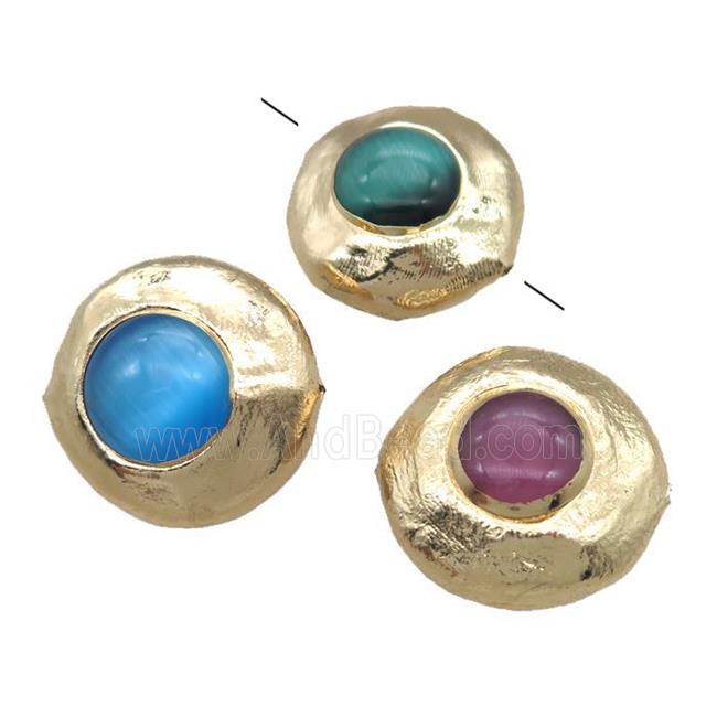 cats eye beads, coin round, gold plated