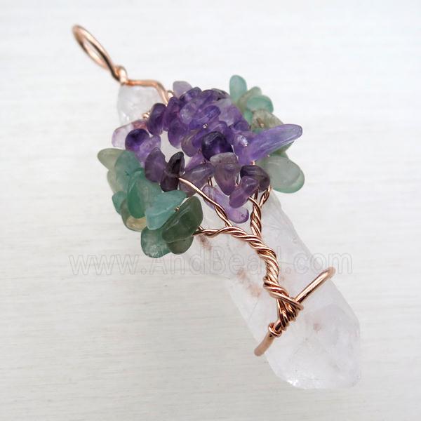 Clear Quartz Chakra Pendant Tree Of Life Wire Wrapped Rose Gold